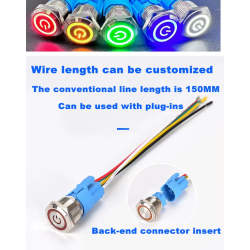 LED vodotěsný vypínač, 12-24V, 16mm, 3A, podsvícený + konektor